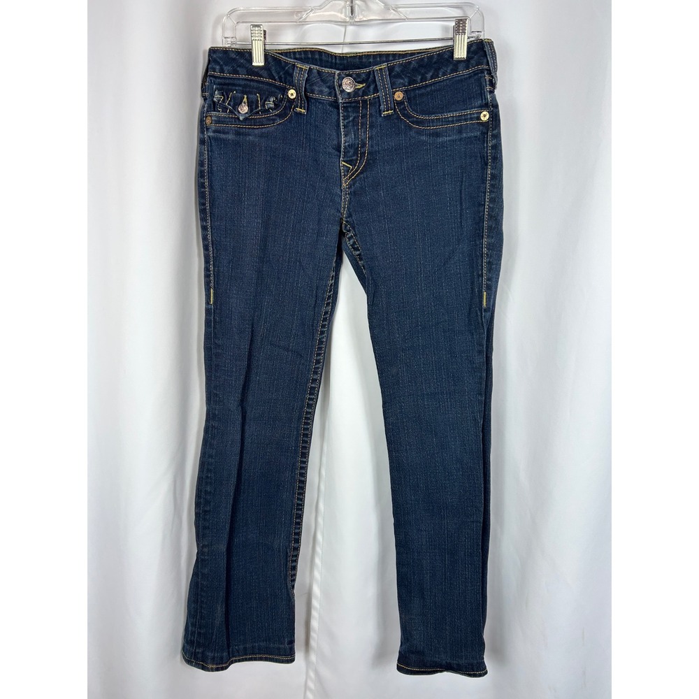 True Religion Billy Dark Wash Bootcut Jeans Yellow Stitch Western Denim Size 31